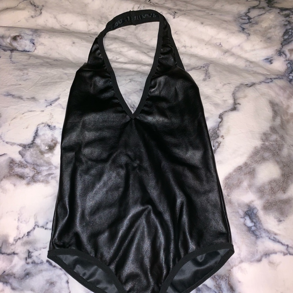 Leather deep plunge bodysuit